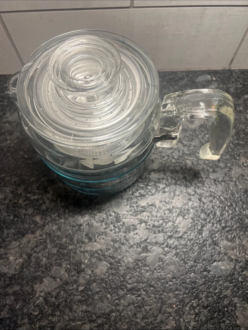 4 cup PYREX FLAMEWARE Clear Glass Stovetop Coffee Pot Stainless Accent COMPLETED